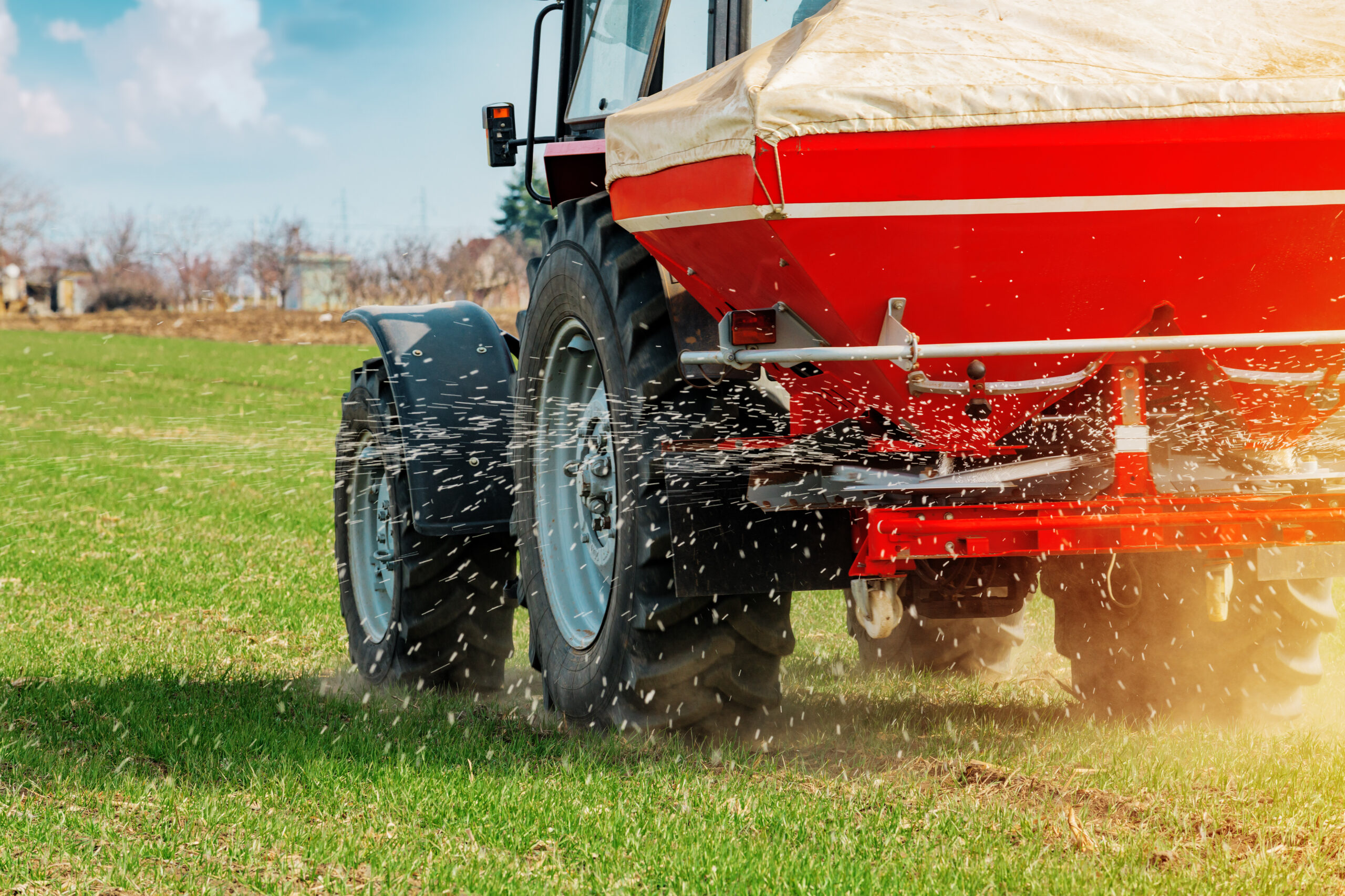 Unrecognizable farmer in agricultural tractor is fertilizing wheat crop field with NPK fertilizer nutrients